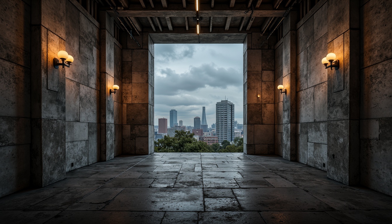 Prompt: Rough-hewn concrete walls, exposed ductwork, industrial metal beams, brutalist architecture, cinematic lighting, dramatic shadows, high-contrast textures, rugged stone floors, distressed wood accents, urban cityscape, overcast skies, moody atmospheric effects, low-angle camera shots, symmetrical composition, bold color grading, gritty realistic rendering, detailed 3D modeling, ambient occlusion, cinematic depth of field.