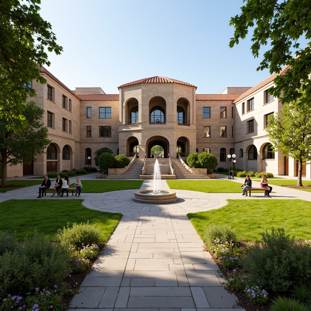 Prompt: Renaissance-style high school building, lush green lawns, blooming flower beds, ornate fountains, walking paths, decorative lamp posts, mature trees, vibrant seasonal plants, natural stone benches, curved staircases, grand entranceways, symmetrical architecture, warm beige stonework, tall columns, arched windows, soft afternoon sunlight, shallow depth of field, 1/2 composition, realistic textures, ambient occlusion.