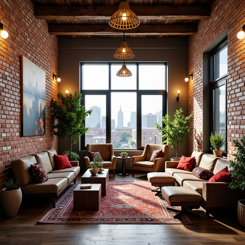 Prompt: Exposed brick walls, reclaimed wood accents, industrial metal beams, urban cityscape views, cozy reading nooks, plush area rugs, vibrant colorful textiles, intricate geometric patterns, Moroccan-inspired tiles, natural fiber upholstery, woven basket lighting fixtures, eclectic art pieces, minimalist decor, abundant natural light, soft warm ambiance, shallow depth of field, 3/4 composition, panoramic view, realistic textures, ambient occlusion.