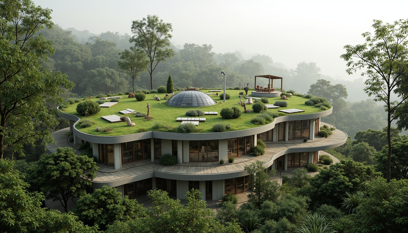 Prompt: Harmonious eco-friendly building, lush green roofs, living walls, solar panels, wind turbines, rainwater harvesting systems, natural stone fa\u00e7ades, curved lines, organic shapes, seamless integration with surroundings, serene forest environment, misty morning atmosphere, soft diffused lighting, shallow depth of field, 1/1 composition, realistic textures, ambient occlusion.