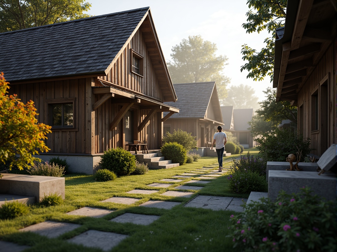 Prompt: Traditional village setting, rustic wooden houses, steeply pitched roofs, wide roof overhangs, ornate wooden brackets, decorative trusses, earthy color palette, natural stone foundations, lush greenery, vibrant flowers, misty morning atmosphere, soft warm lighting, shallow depth of field, 3/4 composition, panoramic view, realistic textures, ambient occlusion.