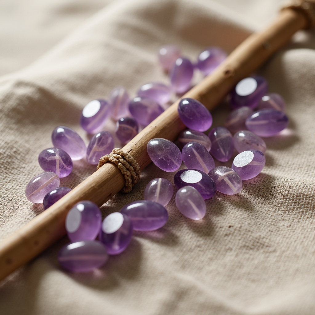 Prompt: Rich amethyst gemstones, natural bamboo textures, earthy tones, soft lavender hues, creamy whites, warm beige accents, organic shapes, woven patterns, subtle sheen, matte finishes, elegant simplicity, minimalist decor, serene ambiance, soft diffused lighting, shallow depth of field, 1/1 composition, realistic renderings, ambient occlusion.