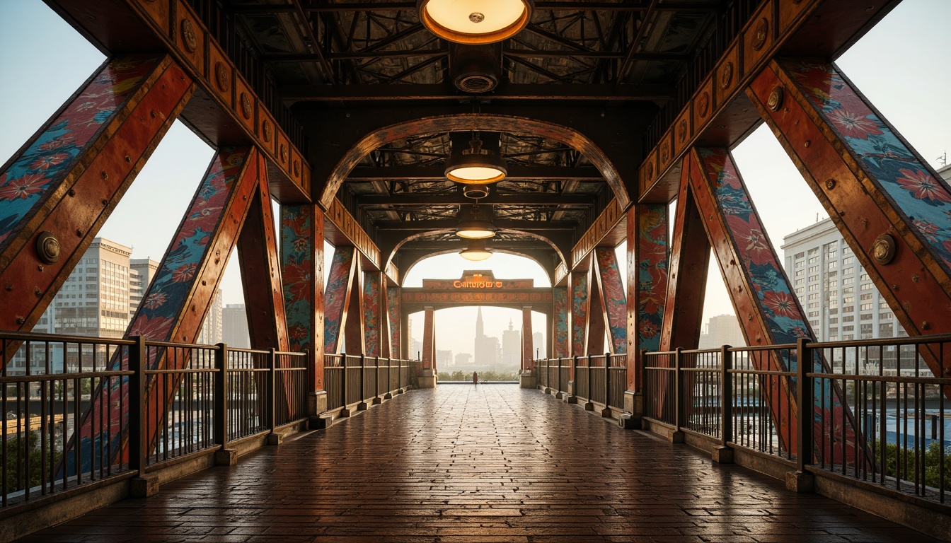 Prompt: Eclectic bridge, ornate metal railings, intricate stone carvings, vibrant colorful accents, asymmetrical arches, irregular shapes, mixed materials, industrial steel beams, rustic wooden planks, decorative trusses, grand entrance gates, majestic piers, flowing water reflections, misty atmospheric effects, warm golden lighting, shallow depth of field, 1/2 composition, dramatic low-angle shot, realistic textures, ambient occlusion.