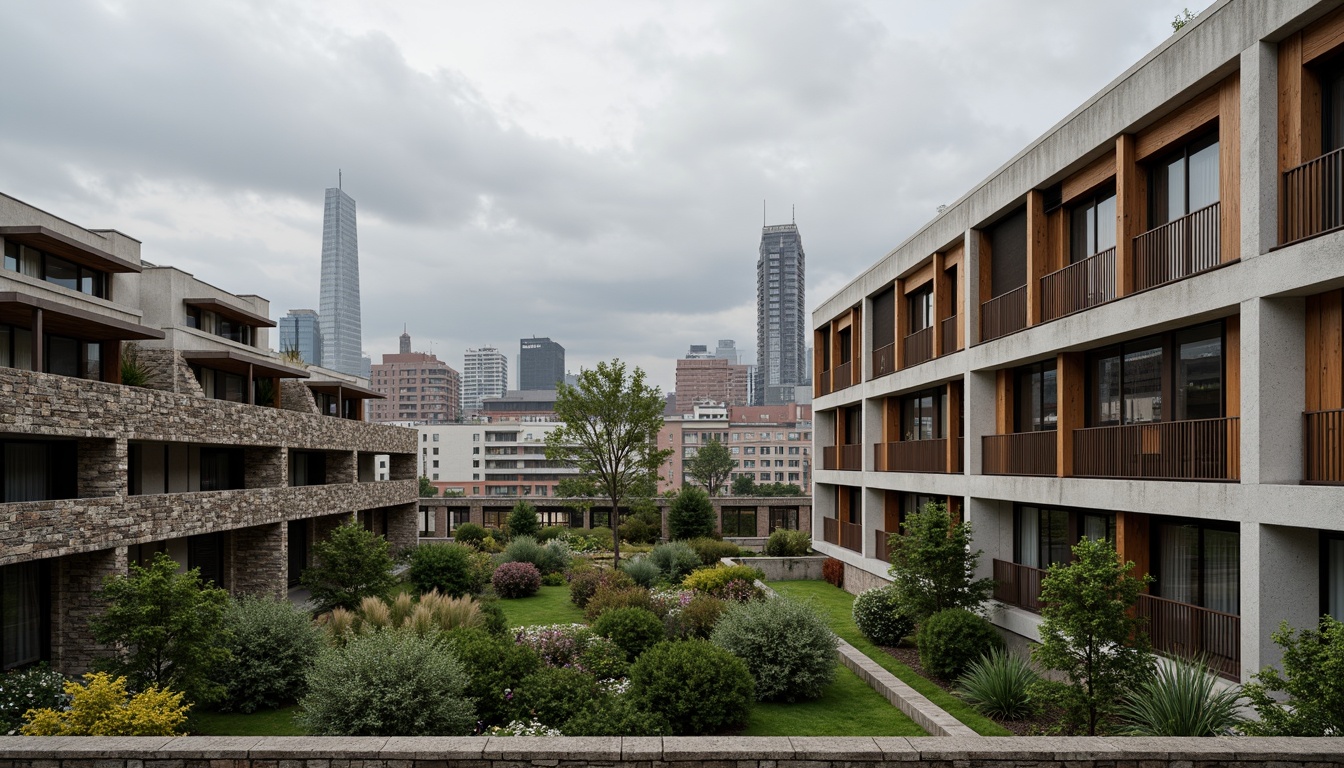 Prompt: Rustic stone walls, smooth wooden accents, rough concrete textures, sleek metal frames, vibrant green roofs, modern brutalist architecture, industrial chic aesthetic, urban cityscape, cloudy grey sky, dramatic shadow play, high contrast lighting, 1/1 composition, symmetrical balance, abstract geometric patterns, bold color blocking, rich materiality, ambient occlusion.