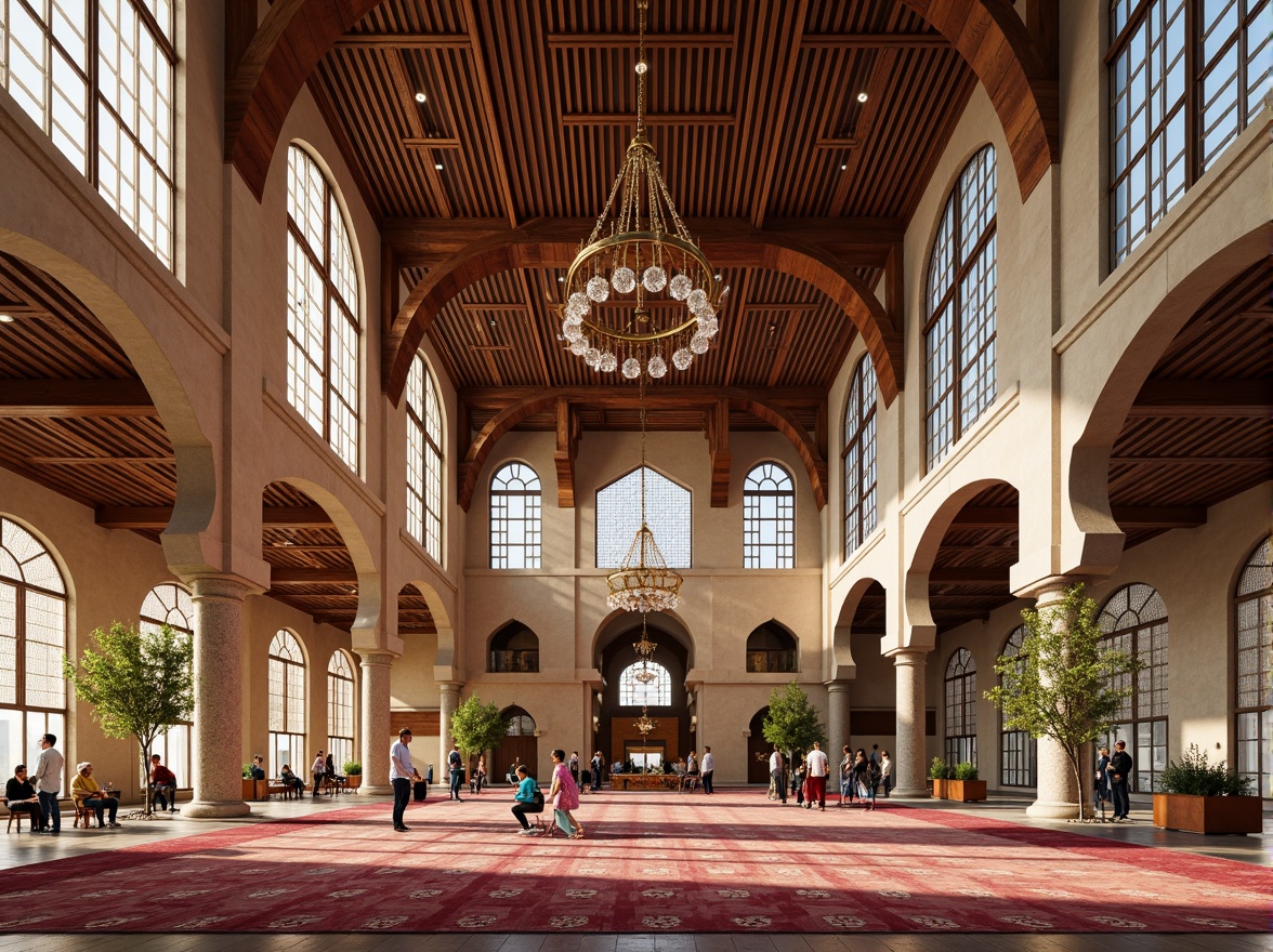 Prompt: Vibrant mosque interior, intricate Islamic patterns, natural stone flooring, wooden minbar, grand chandelier, stained glass windows, soft warm lighting, shallow depth of field, 3/4 composition, panoramic view, realistic textures, ambient occlusion, community gathering spaces, prayer halls, educational facilities, sustainable energy solutions, solar panels, green roofs, eco-friendly materials, innovative cooling technologies, shaded outdoor spaces, misting systems, cultural heritage preservation, inclusive worship areas, accessible ramps, serene ambiance, peaceful atmosphere.