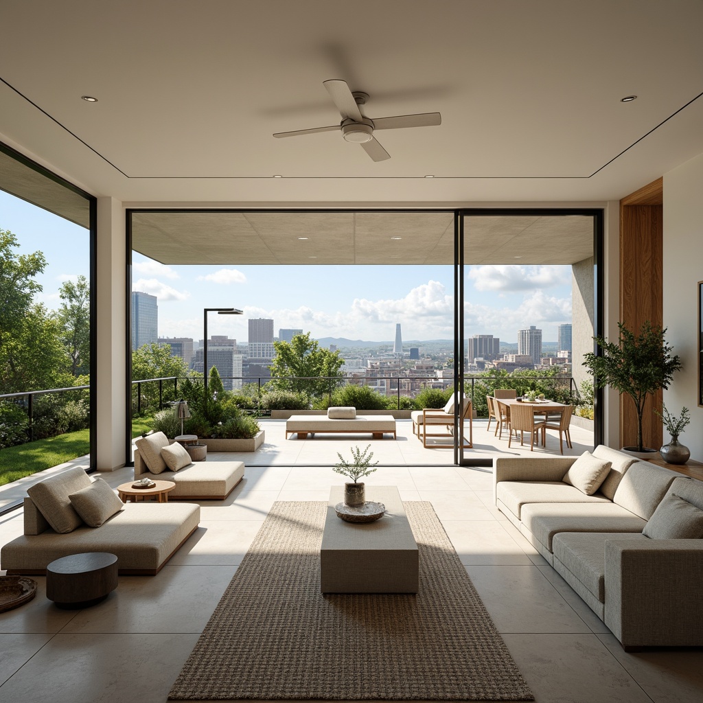 Prompt: Minimalist interior, open floor plan, high ceilings, abundant natural light, floor-to-ceiling windows, sliding glass doors, seamless transitions, indoor-outdoor connections, airy atmosphere, spacious living areas, functional zones, flexible layouts, modular furniture, green walls, lush vegetation, urban gardens, rooftop terraces, panoramic city views, warm neutral color palette, soft diffused lighting, shallow depth of field, 1/1 composition, realistic textures, ambient occlusion.