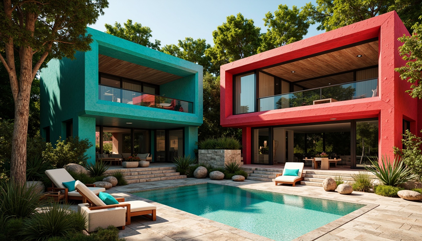 Prompt: Deconstructed villa, fragmented forms, irregular shapes, bold color contrasts, vibrant turquoise, deep crimson, rich gold, weathered wood accents, rough stone textures, metallic sheen, abstract patterns, geometric mosaics, futuristic ambiance, dramatic lighting effects, high-contrast shadows, cinematic composition, wide-angle lens, shallow depth of field, 2.35