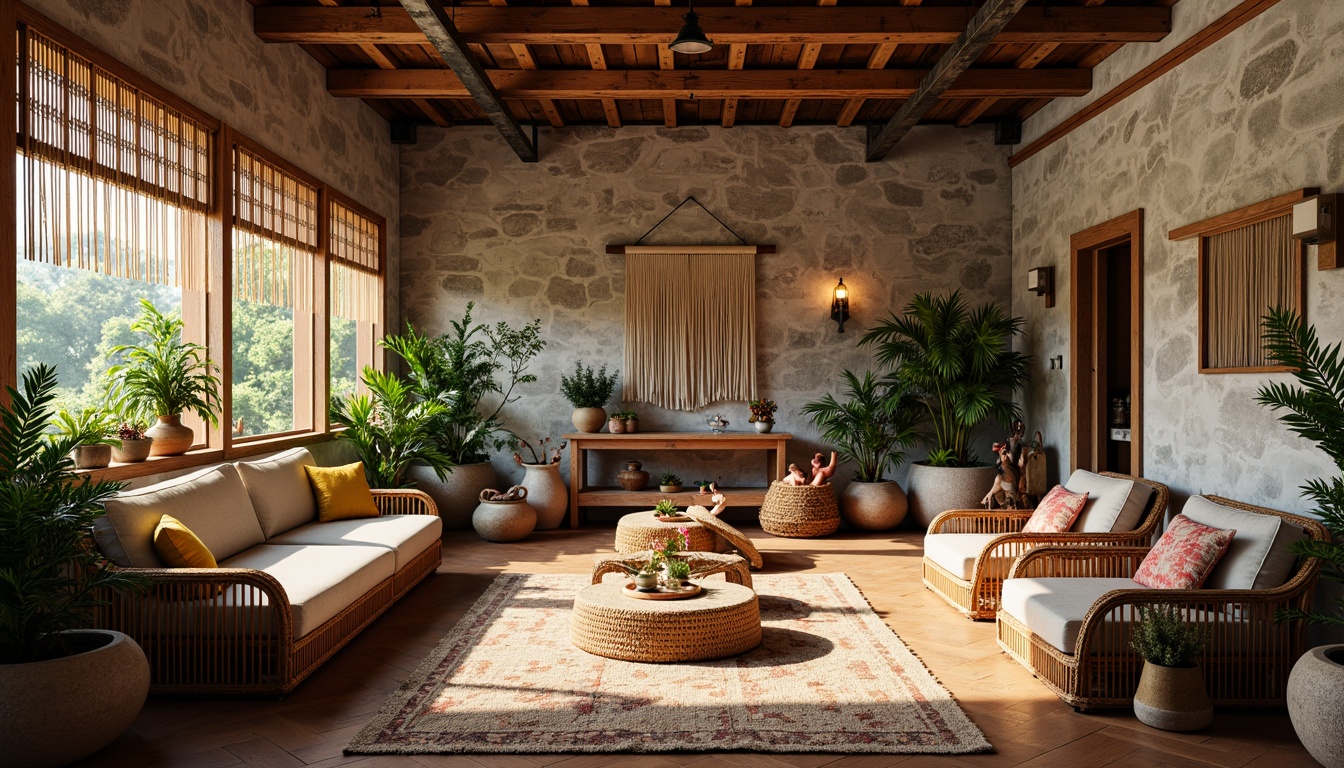 Prompt: Vibrant eclectic interior, reclaimed wood accents, natural stone walls, earthy color palette, woven textiles, rattan furniture, macrame details, potted plants, industrial metal beams, exposed brick, distressed finishes, warm ambient lighting, soft shadows, 1/1 composition, shallow depth of field, realistic textures, ambient occlusion.