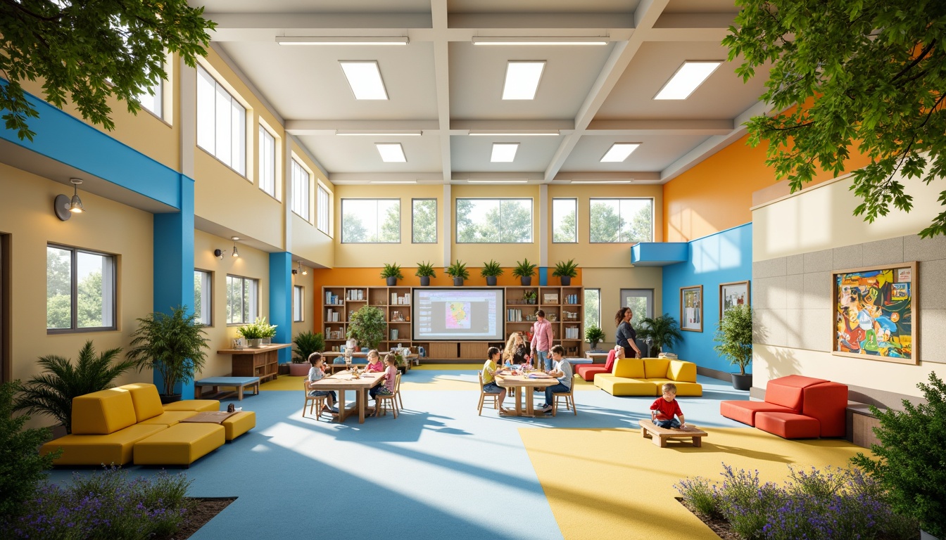 Prompt: Vibrant elementary school, playful color scheme, warm beige walls, bright blue accents, energetic yellow furniture, stimulating greenery, interactive whiteboards, collaborative learning spaces, natural light pouring in, softbox lighting, shallow depth of field, 3/4 composition, panoramic view, realistic textures, ambient occlusion.