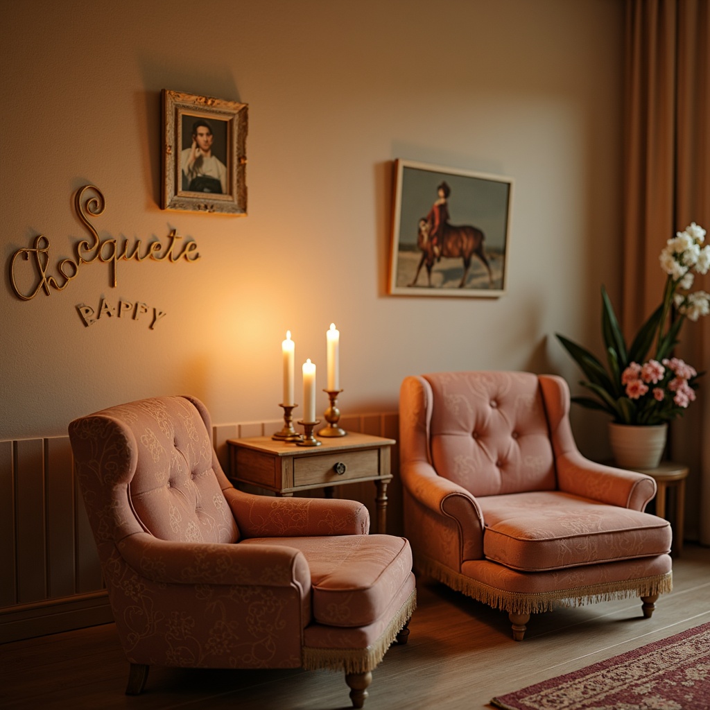 Prompt: Soft candlelight, warm beige walls, rich velvet fabrics, delicate lace details, pastel pink hues, muted gold accents, distressed wood furniture, vintage floral patterns, whimsical script typography, dreamy misty atmosphere, warm golden lighting, shallow depth of field, 1/1 composition, intimate close-up shots, realistic textures, ambient occlusion.