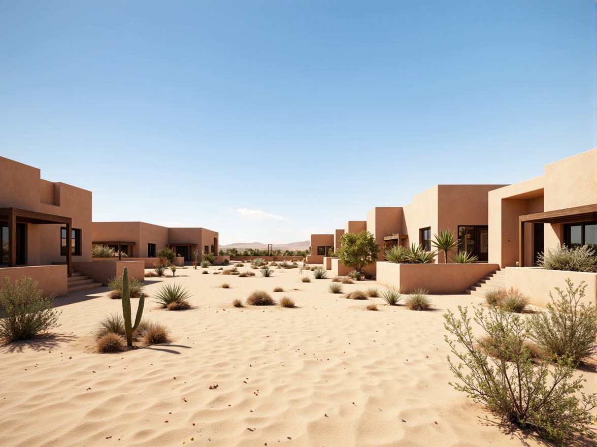 Prompt: Desert landscape, sandy dunes, cactus plants, hot sunny day, clear blue sky, vast open space, modern sustainable architecture, earth-toned buildings, angular lines, minimalist design, passive solar shading, large overhangs, clerestory windows, natural ventilation systems, evaporative cooling technologies, water conservation systems, green roofs, eco-friendly materials, innovative insulation methods, shaded outdoor spaces, misting systems, Arabic-inspired patterns, vibrant colorful textiles, intricate geometric motifs, south-facing orientation, optimized building layout, reduced solar radiation, thermal mass construction.