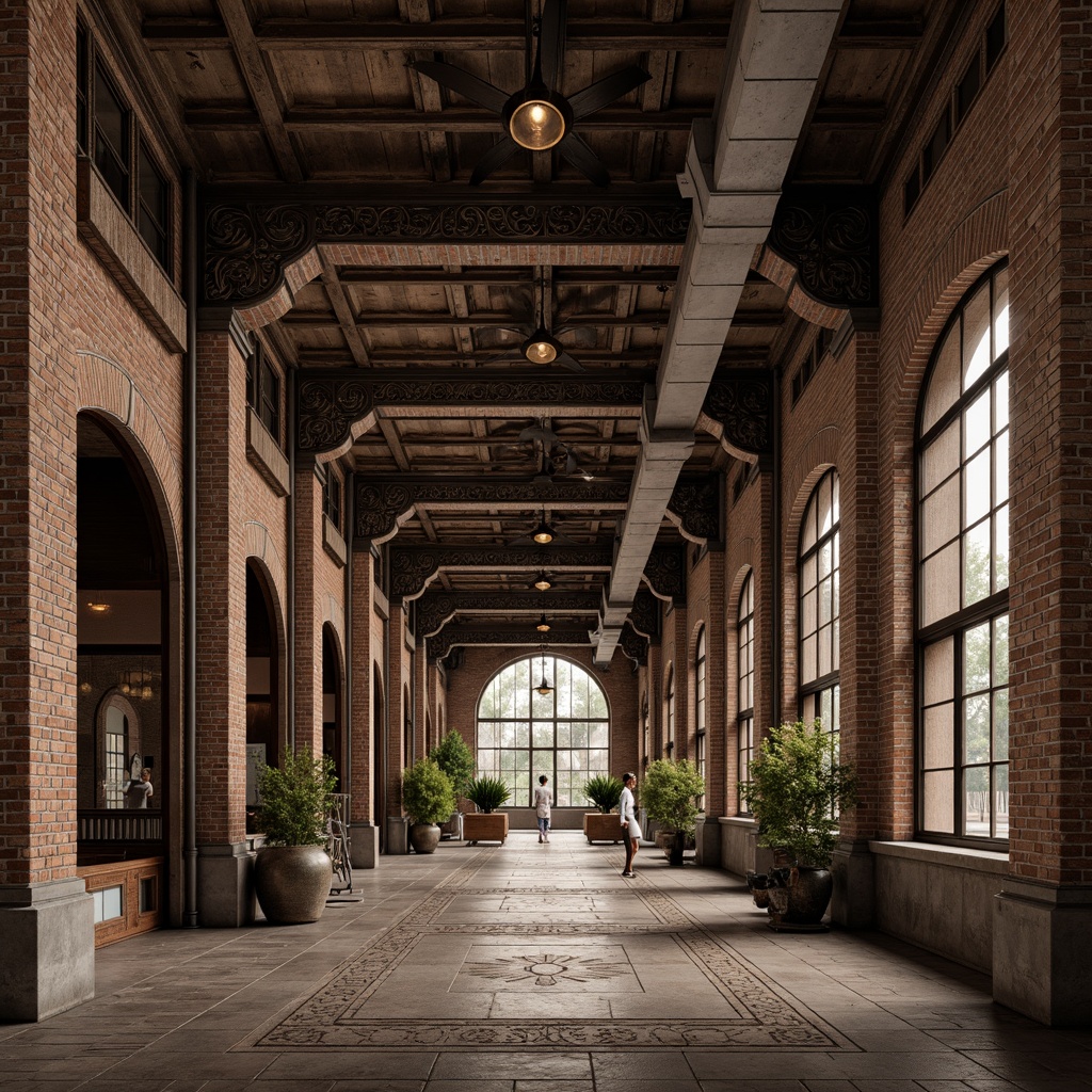 Prompt: Rustic industrial landscape, aged brick facades, ornate metalwork, grandiose archways, intricate stone carvings, lavish ornamentation, distressed wooden beams, exposed ductwork, vintage machinery, reclaimed materials, earthy color palette, warm soft lighting, shallow depth of field, 1/1 composition, realistic textures, ambient occlusion.