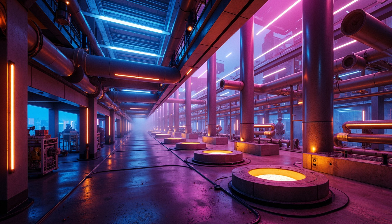 Prompt: Vibrant energy plant, neon-lit pipes, glowing orbs, metallic structures, industrial machinery, futuristic architecture, bold color blocking, high-contrast lighting, electric blue accents, fiery orange hues, radiant yellow highlights, deep purple shadows, abstract geometric patterns, 3D modeling, low-poly textures, atmospheric fog, dramatic camera angles, cinematic composition, dynamic simulations.