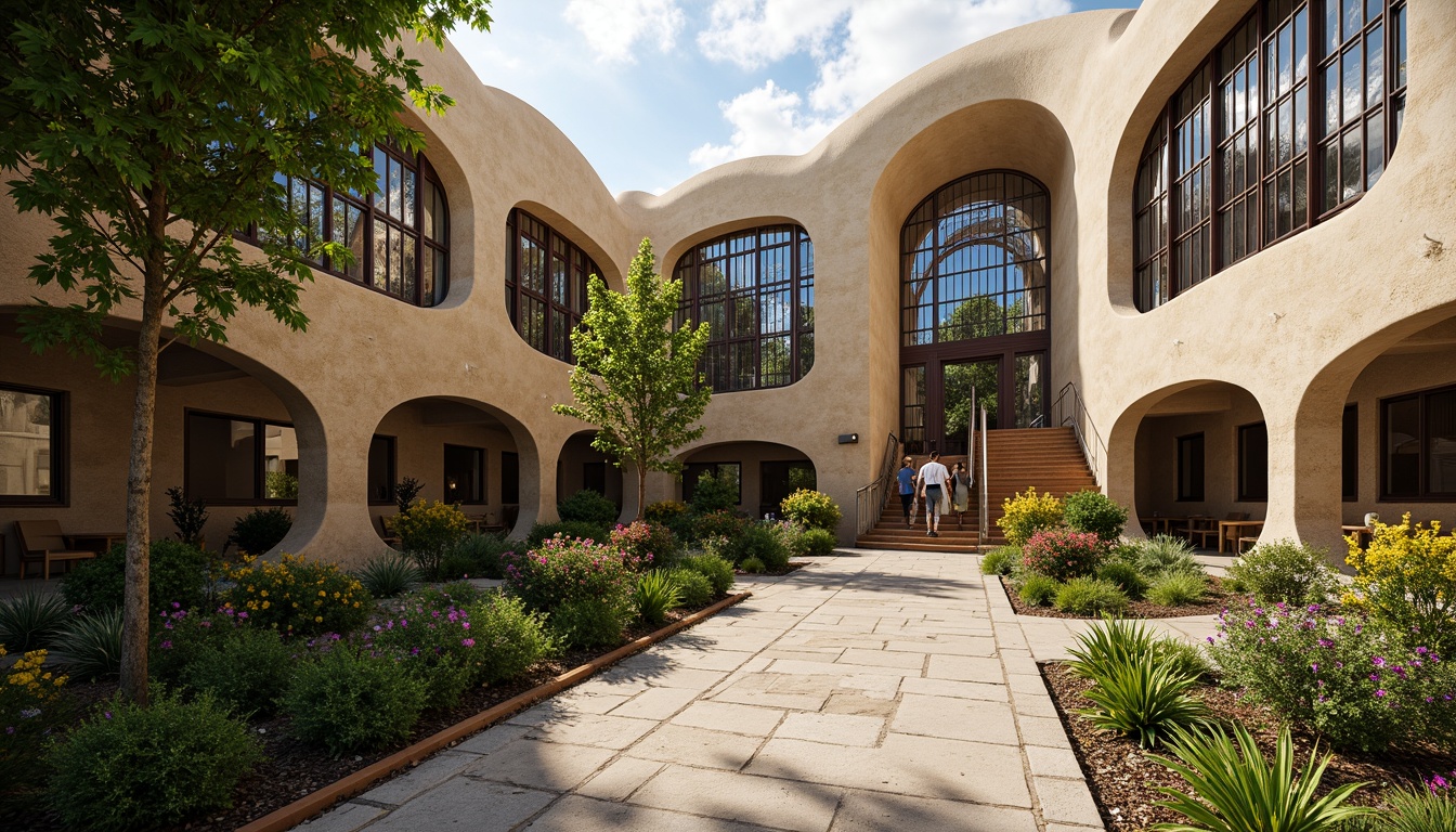 Prompt: Organic school buildings, flowing curves, ornate metalwork, stained glass windows, botanical motifs, intricate stone carvings, grand entrance archways, lush greenery, vibrant flowers, natural stone walkways, wooden accents, earthy color palette, soft warm lighting, shallow depth of field, 3/4 composition, panoramic view, realistic textures, ambient occlusion.