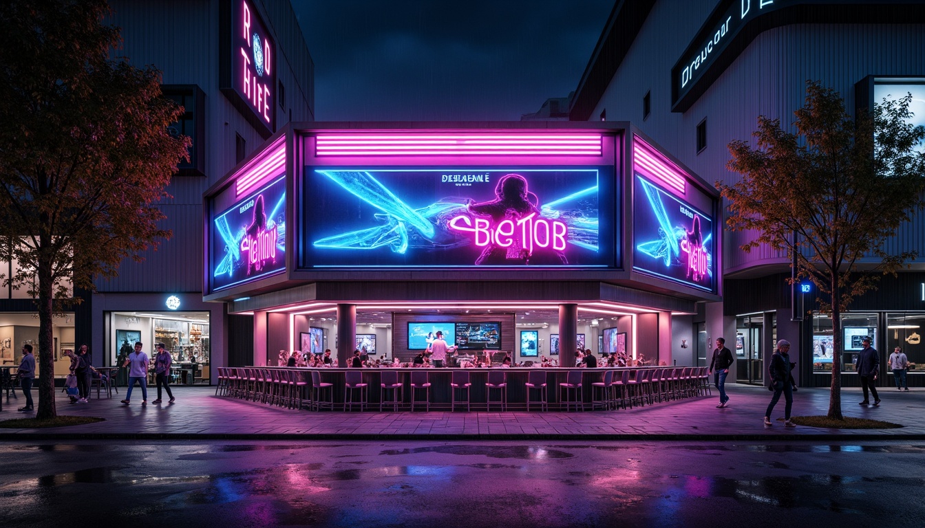 Prompt: Neon-lit pub facade, futuristic architecture, metallic materials, angular lines, holographic advertisements, cyberpunk-inspired signage, vibrant LED lights, transparent glass walls, minimalist interior design, high-tech bar equipment, robotic bartenders, virtual reality experiences, immersive gaming areas, neon-lit streetscape, rainy night atmosphere, shallow depth of field, 1/1 composition, cinematic lighting, realistic reflections, ambient occlusion.