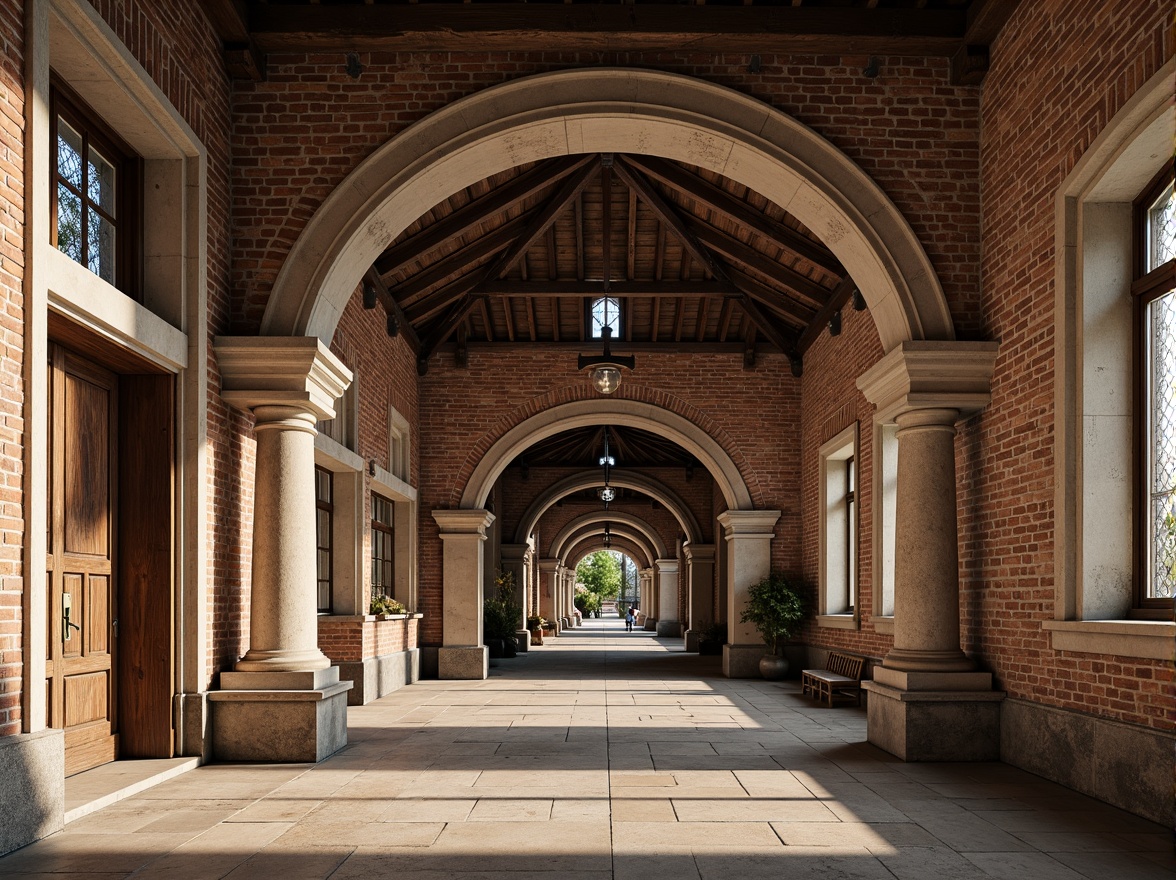 Prompt: Rustic stone walls, weathered brick facades, ornate carvings, grand archways, ribbed vaults, stained glass windows, heavy wooden doors, intricate ironwork, ornamental capitals, rough-hewn granite columns, earthy tone color palette, natural light filtering, warm ambient lighting, shallow depth of field, 2/3 composition, symmetrical framing, realistic textures, subtle atmospheric effects.