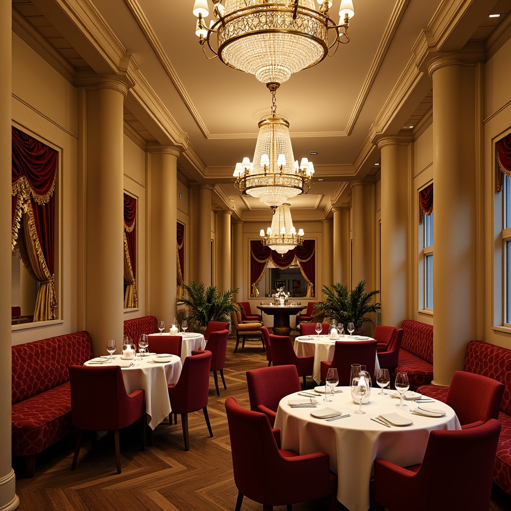 Prompt: Elegant dining hall, luxurious chandeliers, rich wood tones, warm beige walls, soft cream accents, velvety red upholstery, golden metal fixtures, ornate mirrors, lavish curtains, sophisticated ambiance, intimate seating areas, warm candlelight, shallow depth of field, 1/1 composition, realistic textures, ambient occlusion.