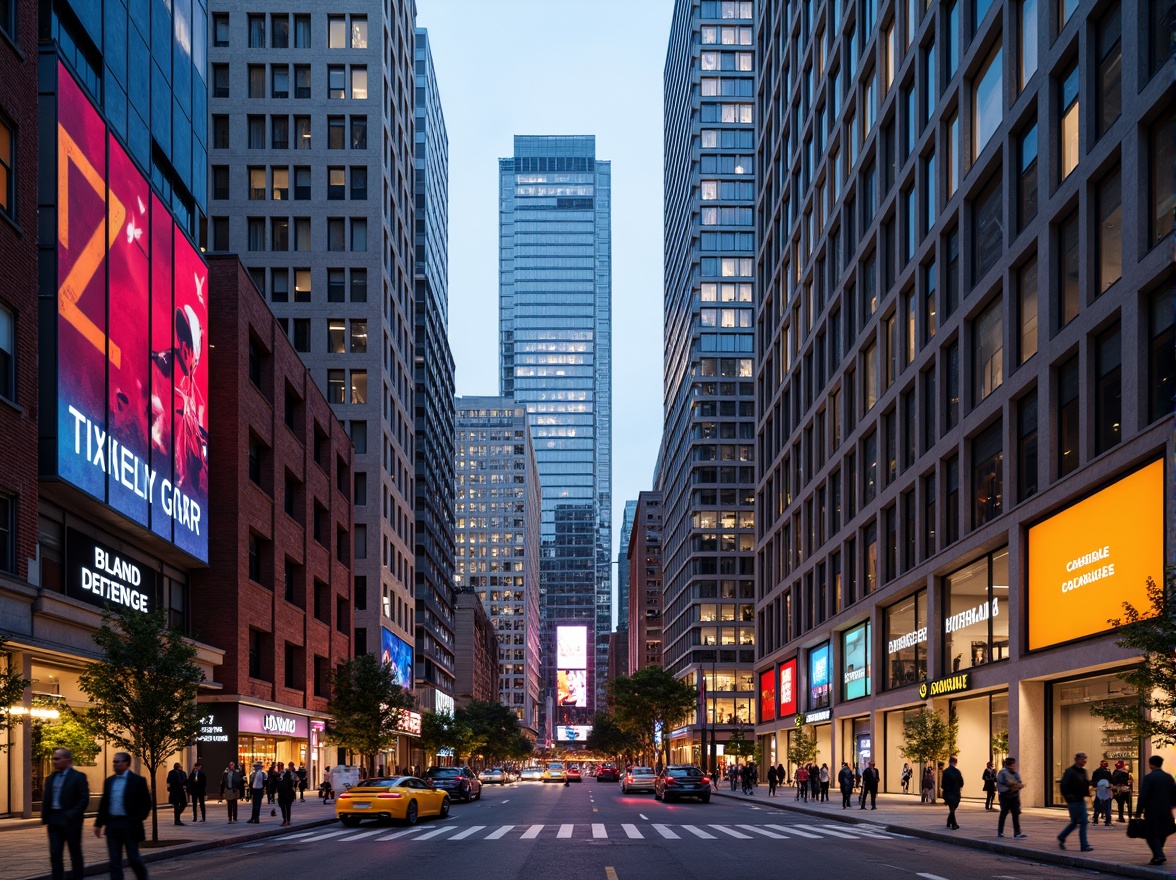 Prompt: Vibrant cityscape, modern skyscrapers, bold color blocking, contrasting hues, neon lights, urban atmosphere, bustling streets, pedestrian walkways, dynamic architecture, geometric patterns, metallic accents, glass facades, reflective surfaces, warm ambient lighting, shallow depth of field, 1/1 composition, realistic textures, ambient occlusion.