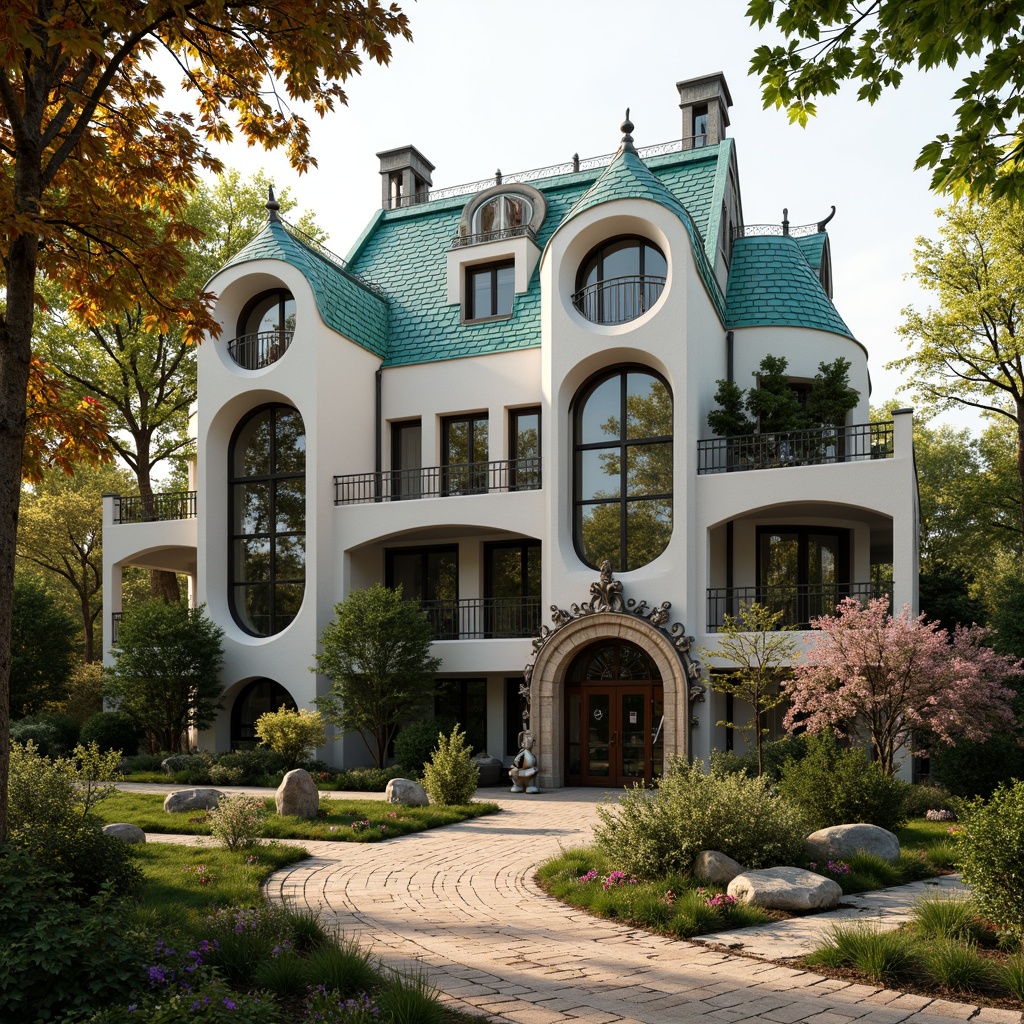 Prompt: Whimsical Art Nouveau school building, curved lines, ornate decorations, flowing organic forms, vibrant turquoise accents, lush greenery, blooming flowers, winding stone pathways, naturalistic sculptures, intricate ironwork, stained glass windows, grand entrance archways, ornamental turrets, asymmetrical fa\u00e7ade, eclectic mix of materials, warm golden lighting, soft focus, shallow depth of field, 2/3 composition, romantic atmosphere, dreamy quality, nostalgic feel.