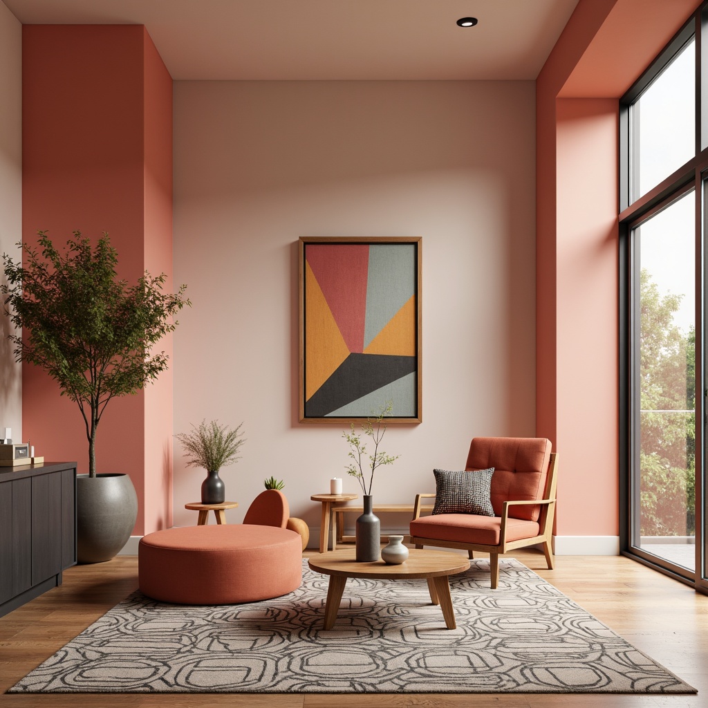 Prompt: Vibrant modern interior, bold color blocking, pastel hues, soft peach tones, rich charcoal accents, metallic silver highlights, natural wood textures, sleek minimalist furniture, geometric patterned rugs, abstract artwork, warm ambient lighting, shallow depth of field, 1/1 composition, realistic renderings, subtle gradient effects.