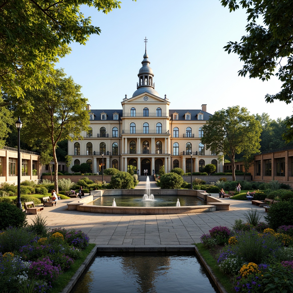 Prompt: Grand courthouse building, romanticism style architecture, lush greenery, vibrant flowers, ornate fountains, walking paths, decorative lampposts, historic monuments, natural stone walls, climbing vines, blooming trees, soft warm lighting, shallow depth of field, 3/4 composition, panoramic view, realistic textures, ambient occlusion, serene atmosphere, elegant statues, intricate ironwork, symmetrical gardens, meandering streams, rustic benches, weathered stone pavement.