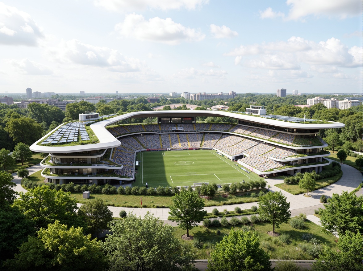 Prompt: Eco-friendly stadium, recycled materials, green roofs, solar panels, wind turbines, rainwater harvesting systems, low-carbon concrete, FSC-certified wood, reclaimed wood accents, energy-efficient LED lighting, natural ventilation systems, large windows, transparent fa\u00e7ades, minimal waste management, composting facilities, organic landscaping, native plant species, permeable pavement, stormwater management systems, circular economy principles, biophilic design elements, futuristic architecture, angular lines, dynamic shapes, vibrant color schemes, panoramic views, shallow depth of field, 3/4 composition.