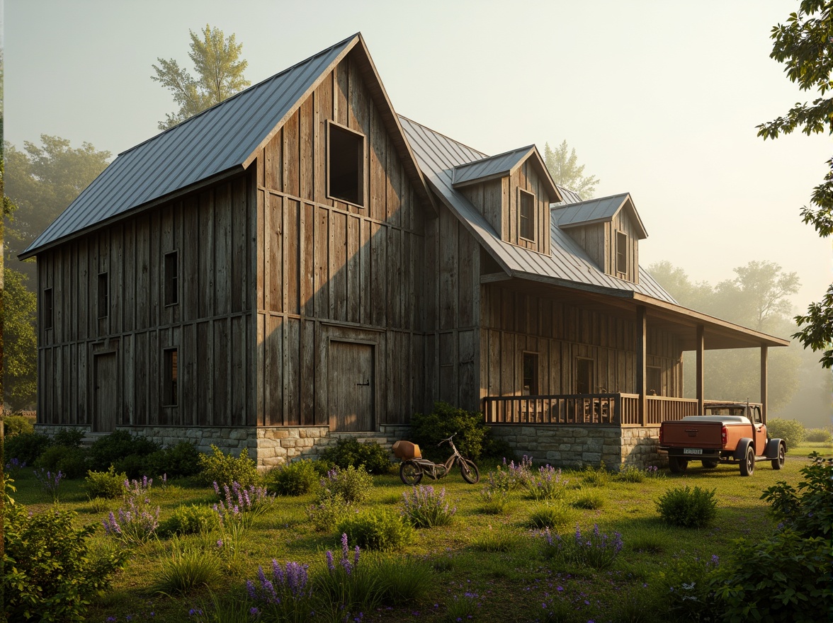 Prompt: Rustic barn, weathered wood planks, distressed finishes, earthy tones, natural stone foundations, wooden shutters, corrugated metal roofs, vintage farm equipment, overgrown wildflowers, lush greenery, misty morning, soft warm lighting, shallow depth of field, 3/4 composition, panoramic view, realistic textures, ambient occlusion.