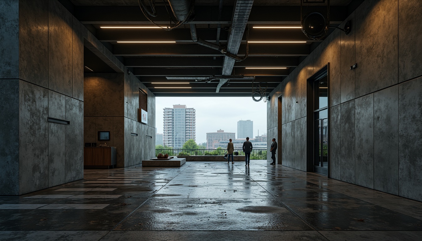 Prompt: Rough-hewn concrete walls, exposed ductwork, industrial metal beams, brutalist architecture, cinematic lighting, dramatic shadows, high-contrast textures, rugged stone floors, distressed wood accents, urban cityscape, overcast skies, moody atmospheric effects, low-angle camera shots, symmetrical composition, bold color grading, gritty realistic rendering, detailed 3D modeling, ambient occlusion, cinematic depth of field.