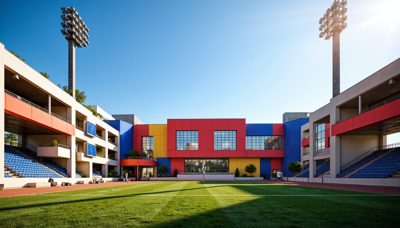 Prompt: Vibrant stadium architecture, bold geometric shapes, primary color scheme, bright red accents, deep blue tones, yellow highlights, white concrete structures, industrial metal beams, minimalist design, functional simplicity, athletic track, green grass fields, sunny day, dramatic shadows, high-contrast lighting, 1/1 composition, symmetrical framing, abstract textures, ambient occlusion.