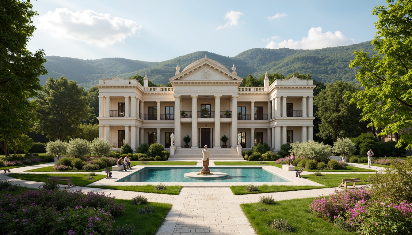 Prompt: Grand neoclassical mansion, symmetrical facade, ornate columns, carved stone details, lush greenery, rolling hills, serene lake, walking paths, benches, classical statues, vibrant flowers, blooming trees, sunny day, soft warm lighting, shallow depth of field, 3/4 composition, panoramic view, realistic textures, ambient occlusion, harmonious integration with nature, elegant landscaping, manicured lawns, decorative fountains, ornate iron gates.