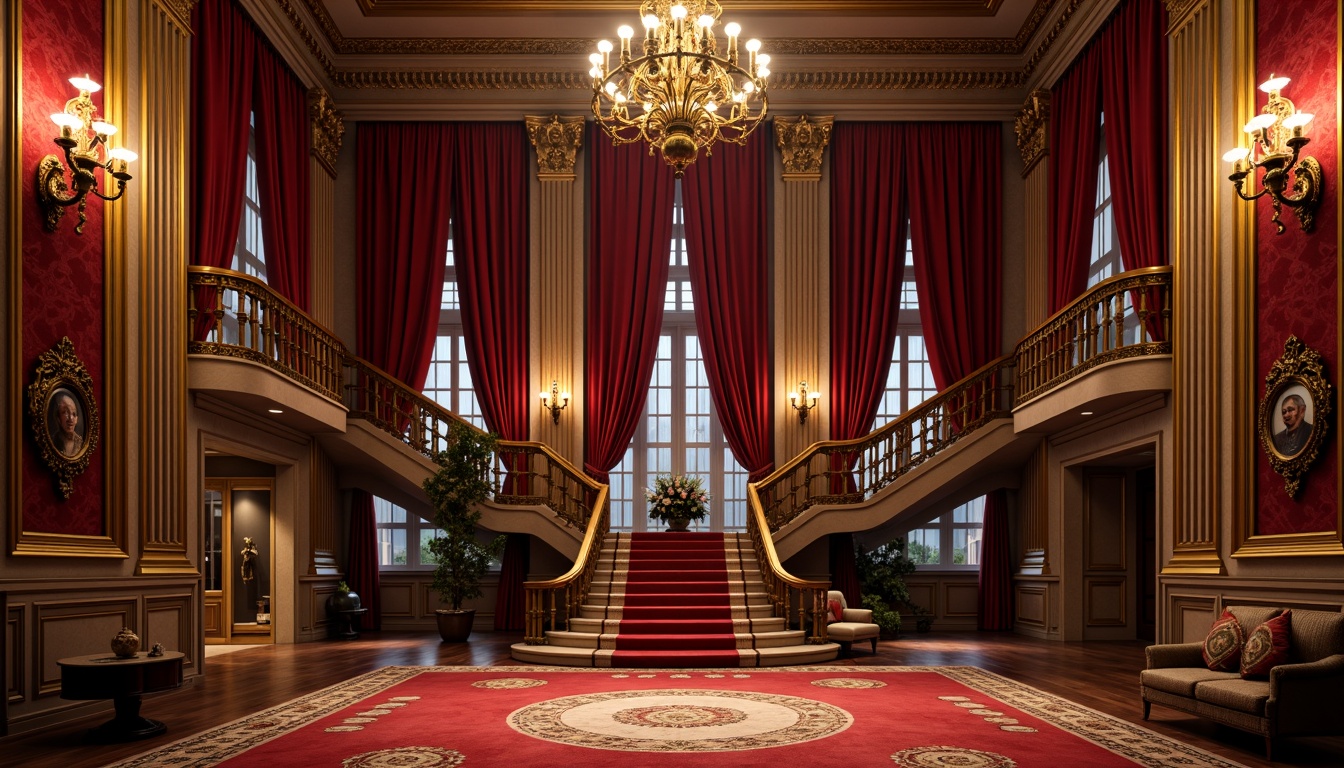 Prompt: Rich velvet curtains, ornate golden frames, lavish chandeliers, grand staircase, opulent red carpet, intricate moldings, Baroque-inspired architecture, dramatic spotlights, warm ambient lighting, shallow depth of field, 1/2 composition, realistic textures, ambient occlusion, luxurious fabrics, regal color palette, Renaissance-era motifs, ornamental details, majestic high ceilings, grandiose scale, symmetrical layout.