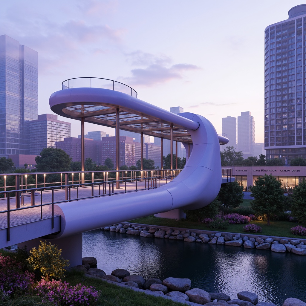 Prompt: Lavender blue pedestrian bridge, sleek modern architecture, curved lines, stainless steel railings, glass floors, transparent canopies, soft warm lighting, misty morning atmosphere, serene urban landscape, vibrant city skyline, lush greenery, blooming flowers, natural stone piers, gentle water flow, shallow depth of field, 1/2 composition, realistic textures, ambient occlusion.