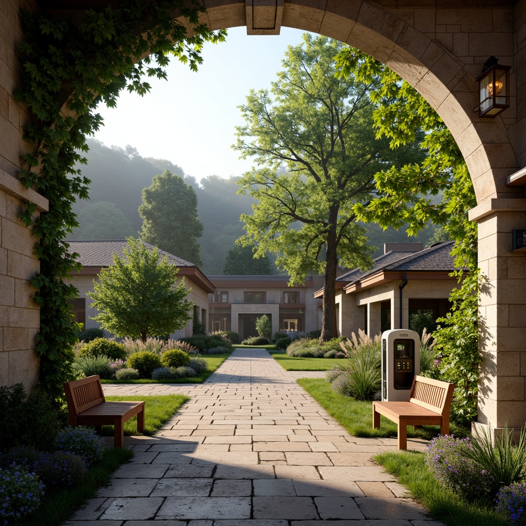 Prompt: Rustic charging station, Romanesque arches, stone walls, green roofs, lush vines, blooming flowers, natural stone pavement, ornate metal lanterns, warm soft lighting, misty morning atmosphere, shallow depth of field, 1/1 composition, symmetrical framing, realistic textures, ambient occlusion, rolling hills, serene countryside, meandering paths, ancient trees, weathered wooden benches, decorative ironwork, intricate carvings.