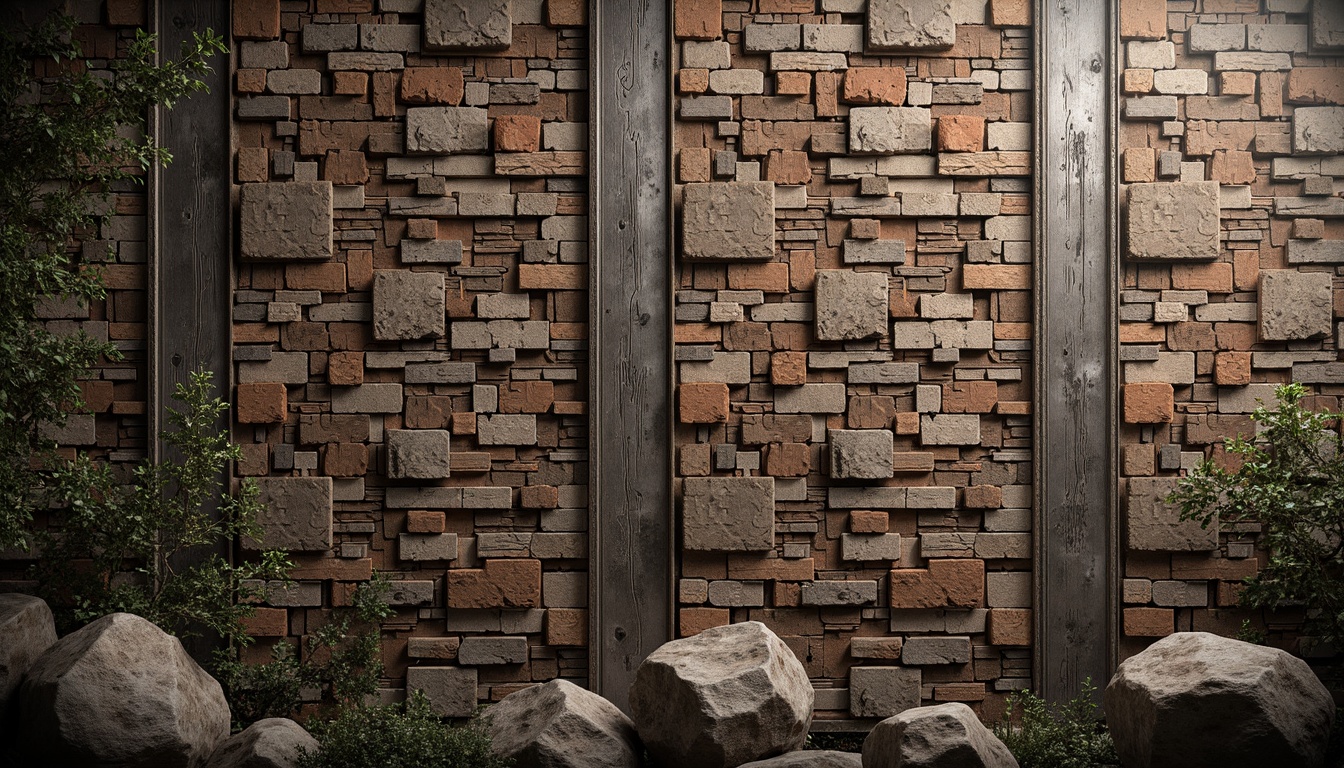 Prompt: Rustic stone walls, weathered wooden planks, distressed metal panels, rough-hewn concrete blocks, ornate tile mosaics, intricate brick patterns, natural rock formations, earthy color palette, organic shapes, irregular textures, abstract compositions, dramatic lighting effects, high-contrast shadows, atmospheric misting, 1/1 composition, realistic material rendering, ambient occlusion.