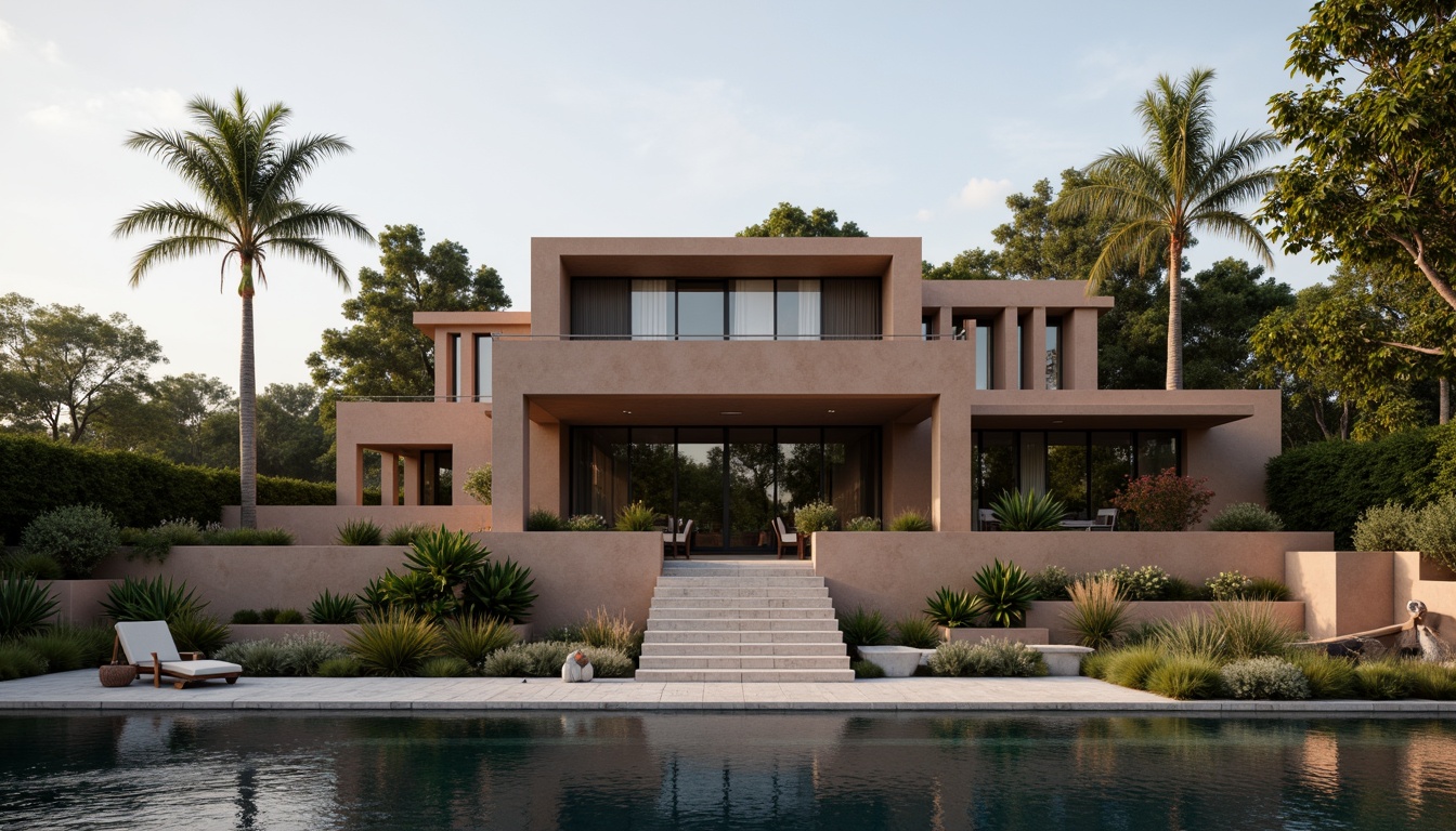 Prompt: Luxurious modern villa, sleek Lavacrete facade, high-gloss finish, subtle texture, earthy tone, natural stone accents, minimalist landscaping, sparse greenery, warm ambient lighting, shallow depth of field, 1/1 composition, realistic reflections, soft focus blur.