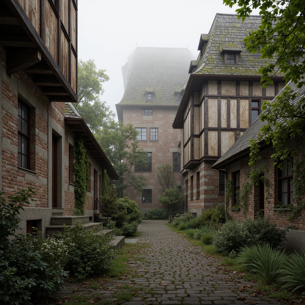 Prompt: Weathered stone walls, rusty metal accents, wooden beam structures, worn brick textures, moss-covered roofs, ivy-clad facades, ancient tree surroundings, misty morning atmosphere, soft warm lighting, shallow depth of field, 3/4 composition, panoramic view, realistic textures, ambient occlusion, medieval-inspired architecture, fortified towers, grandeur scale, mysterious ambiance, eerie silence.