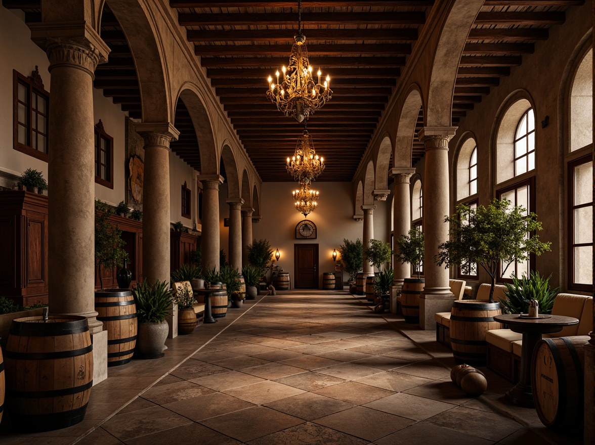 Prompt: Ornate winery columns, Baroque-style architecture, rustic stone walls, curved archways, grand chandeliers, lavish furnishings, rich wood accents, ornamental metalwork, intricate carvings, vintage wine barrels, dim warm lighting, soft focus, shallow depth of field, 1/2 composition, symmetrical framing, realistic textures, ambient occlusion.