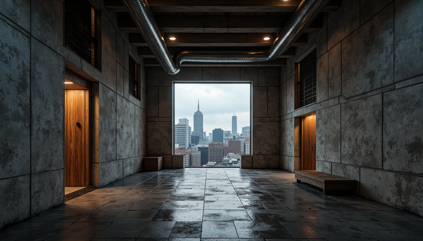 Prompt: Rough-hewn concrete walls, exposed ductwork, industrial metal beams, brutalist architecture, cinematic lighting, dramatic shadows, high-contrast textures, rugged stone floors, distressed wood accents, urban cityscape, overcast skies, moody atmospheric effects, low-angle camera shots, symmetrical composition, bold color grading, gritty realistic rendering, detailed 3D modeling, ambient occlusion, cinematic depth of field.