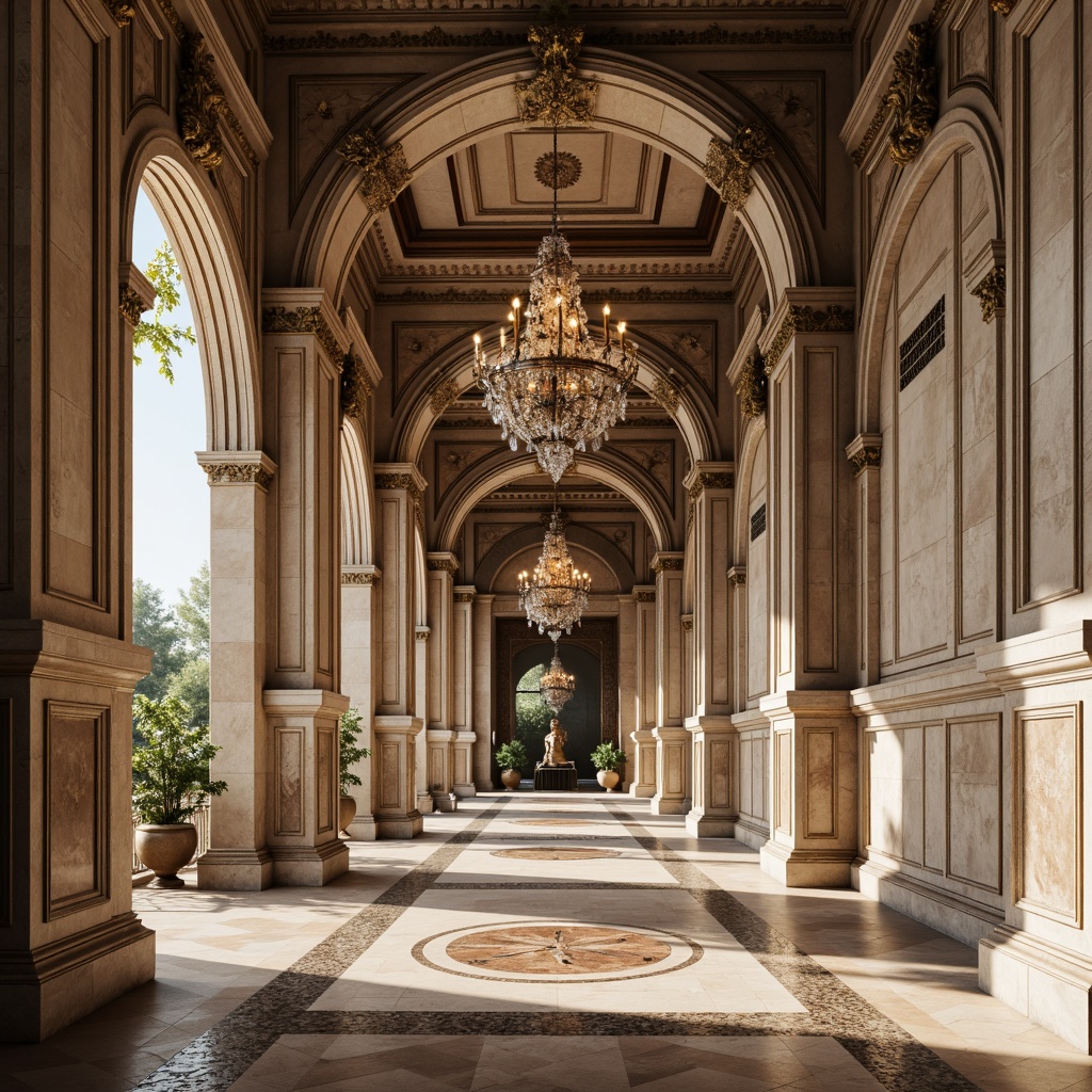 Prompt: Marble columns, ornate carvings, grand archways, symmetrical facades, rusticated bases, smooth limestone walls, intricate moldings, gilded details, velvet drapes, polished wooden floors, crystal chandeliers, soft warm lighting, shallow depth of field, 3/4 composition, panoramic view, realistic textures, ambient occlusion.