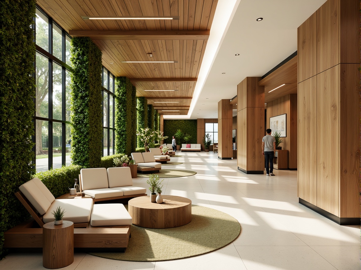 Prompt: Calming hospital interior, natural materials, reclaimed wood accents, living green walls, soothing color palette, organic textures, eco-friendly flooring, bamboo surfaces, energy-efficient lighting, minimalist decor, circular waiting areas, comfortable seating, acoustic panels, sound-absorbing materials, peaceful ambiance, warm task lighting, 1/1 composition, shallow depth of field, realistic reflections.