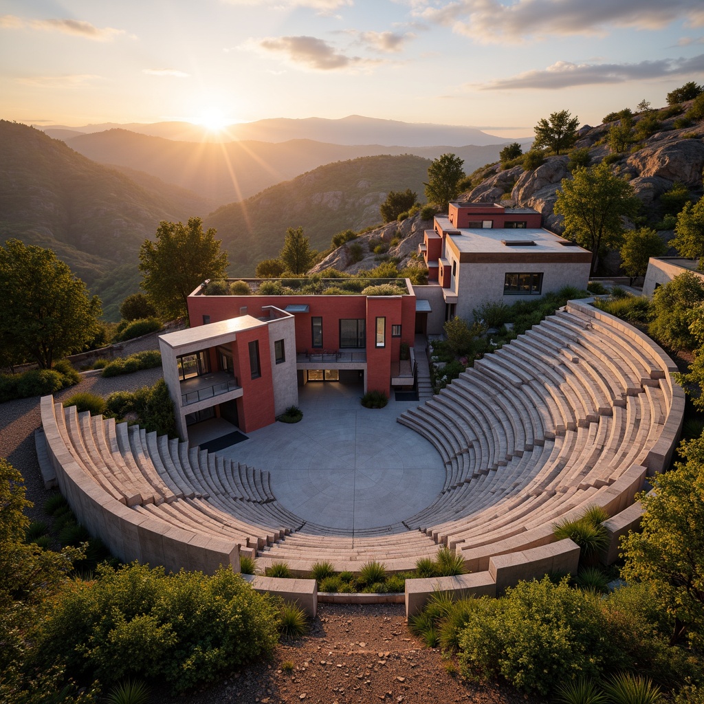 Prompt: Grand amphitheater, postmodern architecture, irregular shapes, fragmented forms, bold colors, eclectic materials, natural stone walls, wooden accents, green roofs, lush vegetation, meandering pathways, scenic overlooks, dramatic lighting, warm sunset, shallow depth of field, 1/1 composition, symmetrical framing, vibrant textures, ambient occlusion.