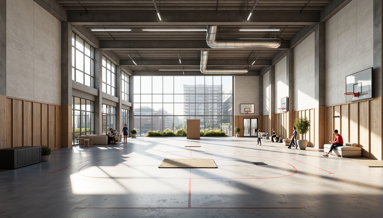 Prompt: Minimalist gymnasium interior, open spaces, natural light, industrial materials, exposed ductwork, polished concrete floors, steel beams, geometric shapes, functional furniture, athletic equipment, basketball hoops, sports mats, wooden accents, modernist architecture, clean lines, rectangular forms, abundant daylight, soft shadows, 1/1 composition, realistic textures, ambient occlusion.