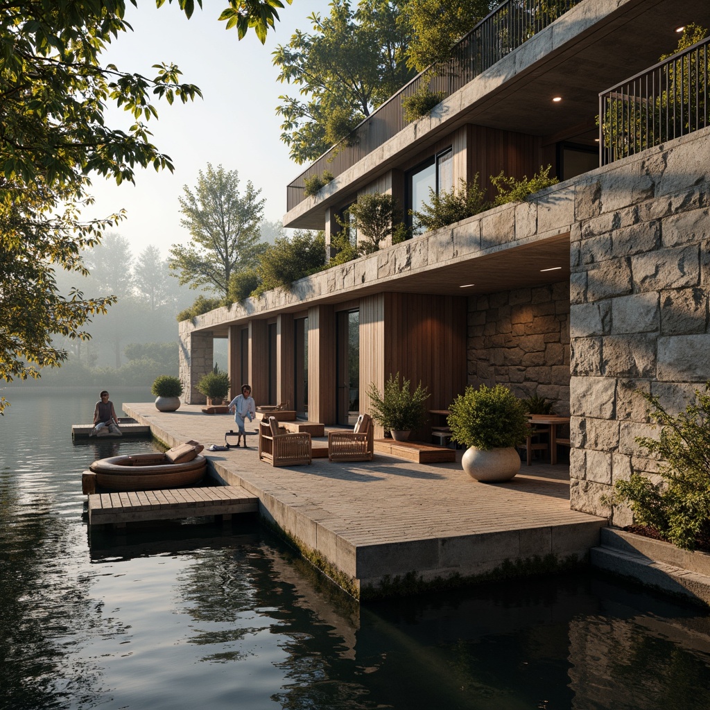 Prompt: Rustic boathouse, brutalist architecture, rugged stone walls, wooden accents, natural materials, earthy tones, waterfront location, serene lake views, surrounding foliage, overhanging trees, weathered wood docks, nautical elements, industrial chic decor, exposed ductwork, concrete floors, metal beams, floor-to-ceiling windows, soft warm lighting, misty morning atmosphere, shallow depth of field, 2/3 composition, realistic textures, ambient occlusion.