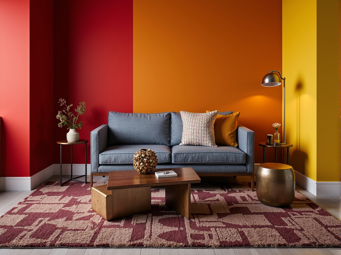 Prompt: Vibrant accent walls, bold color blocking, contrasting furniture upholstery, richly textured rugs, metallic decorative accents, modern minimalist decor, sleek low-profile seating, geometric patterned throw pillows, warm ambient lighting, soft focus blur, 1/2 composition, shallow depth of field, realistic material reflections.