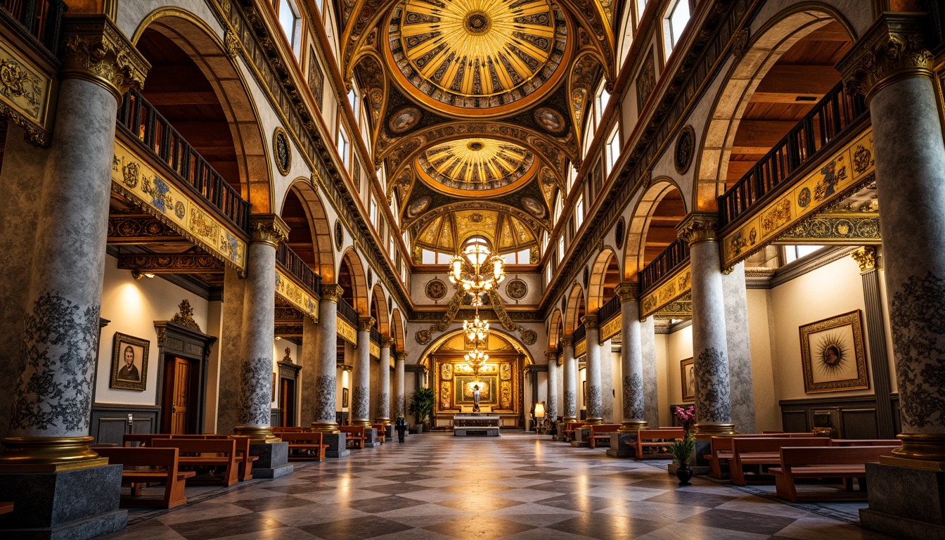 Prompt: Intricate mosaics, golden domes, ornate archways, lavish frescoes, richly patterned textiles, grandiose columns, marble floors, ornamental capitals, Byzantine crosses, intricate stone carvings, vibrant apse murals, elaborate iconostases, gilded accents, luxurious drapery, majestic vaulted ceilings, warm golden lighting, shallow depth of field, 1/2 composition, realistic textures, ambient occlusion.