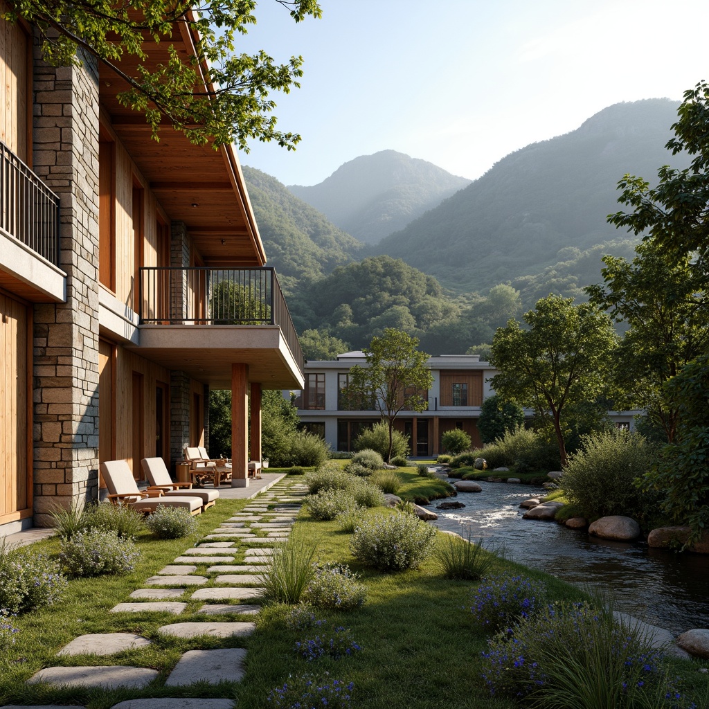 Prompt: Rustic regionalist venue, earthy tones, natural stone walls, wooden accents, lush greenery, blooming wildflowers, meandering streams, rolling hills, misty mountains, warm sunny day, soft diffused lighting, shallow depth of field, 1/2 composition, panoramic view, realistic textures, ambient occlusion, harmonious integration with surroundings, blending architecture with nature, organic forms, curvilinear lines, earth-sheltered design, eco-friendly materials, sustainable building practices.