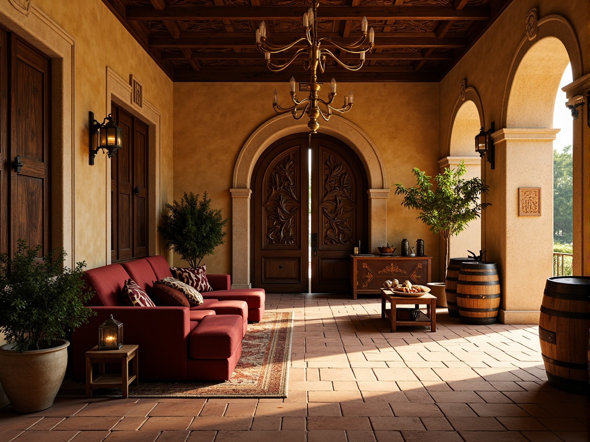 Prompt: Richly ornate winery, Baroque-inspired architecture, warm golden stone fa\u00e7ade, intricately carved wooden doors, lavish furnishings, opulent chandeliers, rustic wine barrels, vintage wine-making equipment, earthy terracotta floors, distressed wood accents, soft warm lighting, dramatic shadows, 1/2 composition, atmospheric perspective, realistic textures, ambient occlusion, warm beige (#F5F5DC), rich burgundy (#8B0A1A), deep crimson (#660000), muted gold (#F8E231), weathered wood tone (#969696).