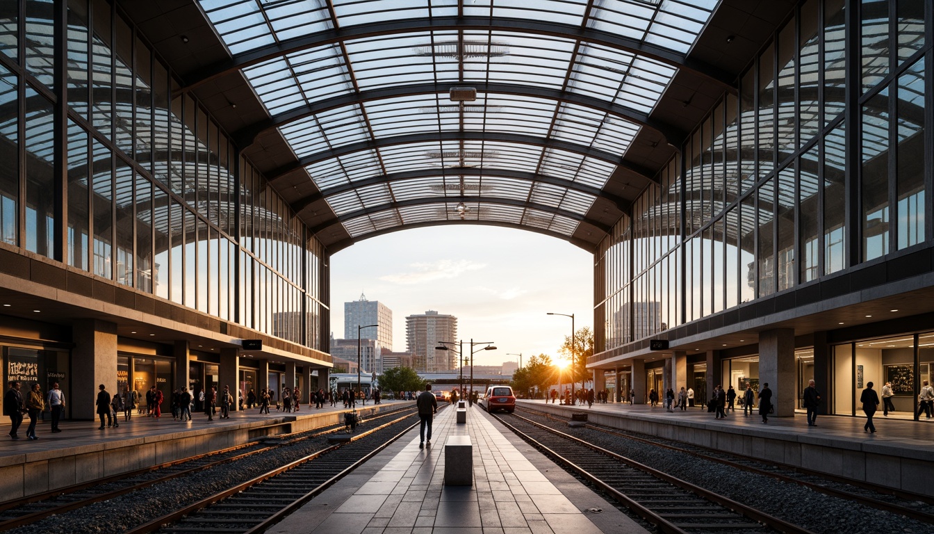 Prompt: Vibrant train station, large glass roofs, clerestory windows, transparent canopies, open atriums, minimalist columns, sleek metal beams, polished concrete floors, modern architecture, abundant natural light, soft warm ambiance, shallow depth of field, 3/4 composition, panoramic view, realistic textures, ambient occlusion, bustling atmosphere, rush hour scenes, urban landscape, city skyline, morning sunlight, afternoon glow, evening twilight.