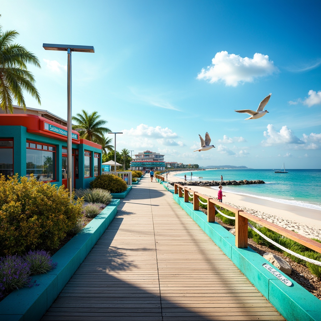 Prompt: Vibrant tram station, coastal scenery, ocean views, sandy beaches, seagulls flying, nautical ropes, wooden docks, modern architecture, curved lines, large windows, glass roofs, natural light, bright color scheme, turquoise accents, coral-inspired patterns, ocean-blue hues, sunny day, soft warm lighting, shallow depth of field, 3/4 composition, panoramic view, realistic textures, ambient occlusion.