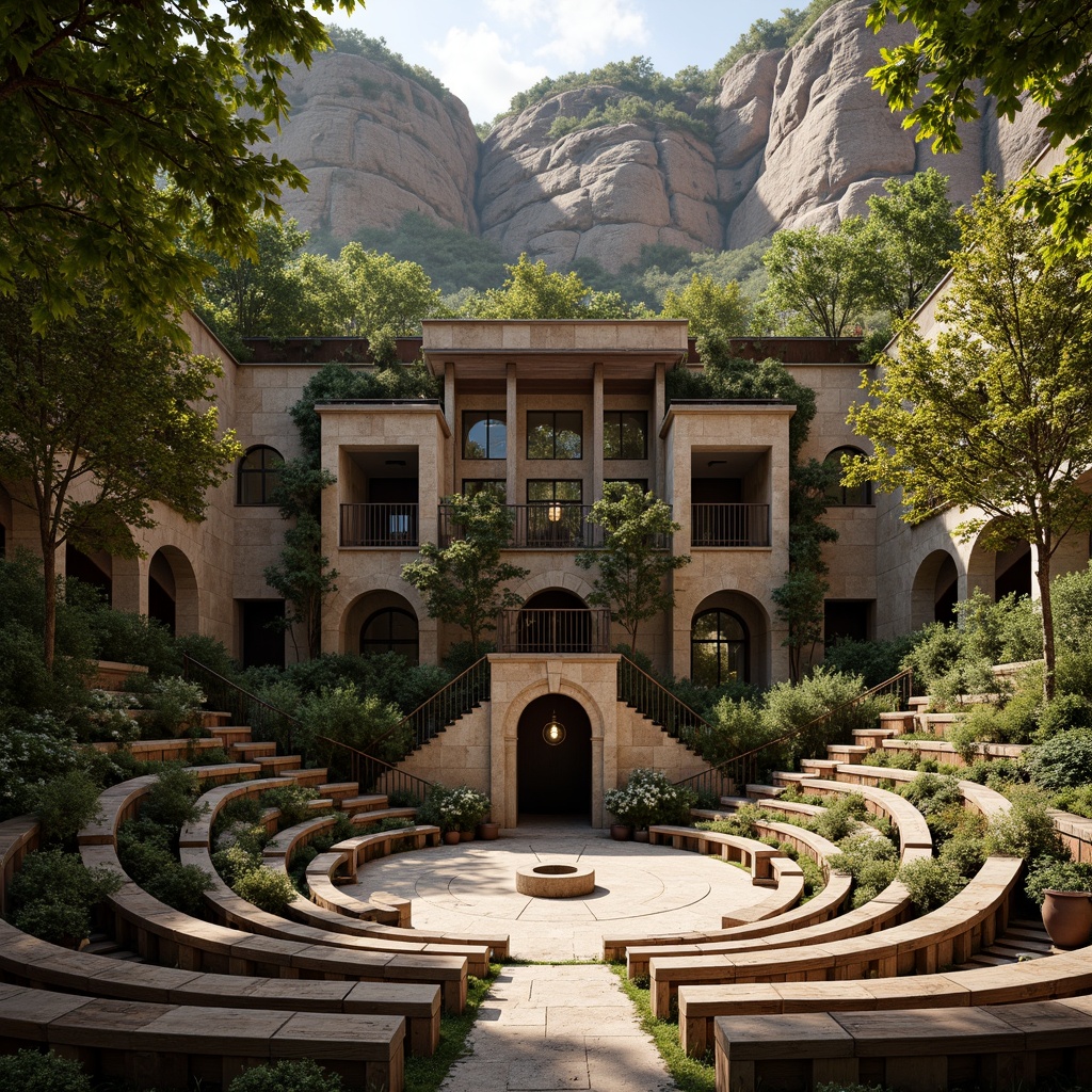 Prompt: Grand amphitheater, tiered seating, rustic stone walls, weathered wooden benches, vibrant greenery, lush foliage, natural rock formations, dramatic arches, grandiose entrance, ornate metal railings, warm golden lighting, soft shadows, high contrast textures, rough stone floors, smooth wooden surfaces, dynamic angular lines, symmetrical composition, 1/2 frame division, atmospheric perspective, realistic material rendering.